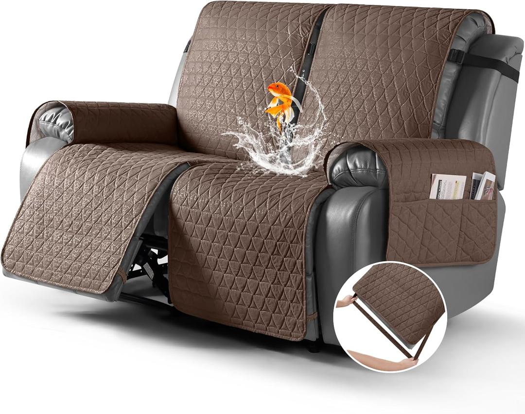 TAOCOCO 100% Waterproof Loveseat Recliner Cover-Recliner Cover with Non-Slip Granule, Recliner Chair Covers with Elastic Band, Washable Recliner Chair/Furniture Protector for Pets (Brown, 2 Seater)