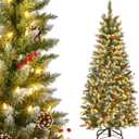 Happygrill 4ft Pre-lit Artificial Christmas Tree Slim Artificial Xmas Tree with 250 LED Lights & 408 Branch Tips Berries and Pine Cones Included, Decoration Tree for Festival Holiday