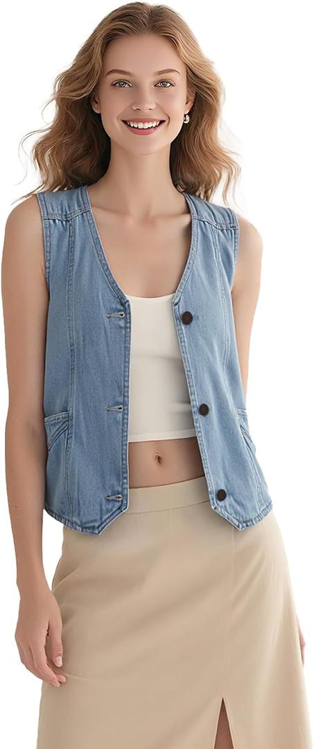 Women's Denim Sleeveless Casual Vest for women, Jean Vest Top, Light Wash, V Neck, Button Front with Dual Pockets (XXL)