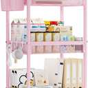 YASONIC 3 Tier Rolling Cart  Metal Utility Storage Cart with Wheels, Craft Cart Organizer with Hanging Cups, Hooks, Mesh Basket for Bedside Kitchen Office Art, Pink