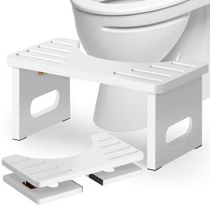 Foldable Toilet Stool, Bamboo Toilet Stool Squat Adults, 7 Inches Poop Stool for Bathroom, Collapsible Potty Step Stool with Non-Slip Strip, Space-Saving, No Assembly (White)
