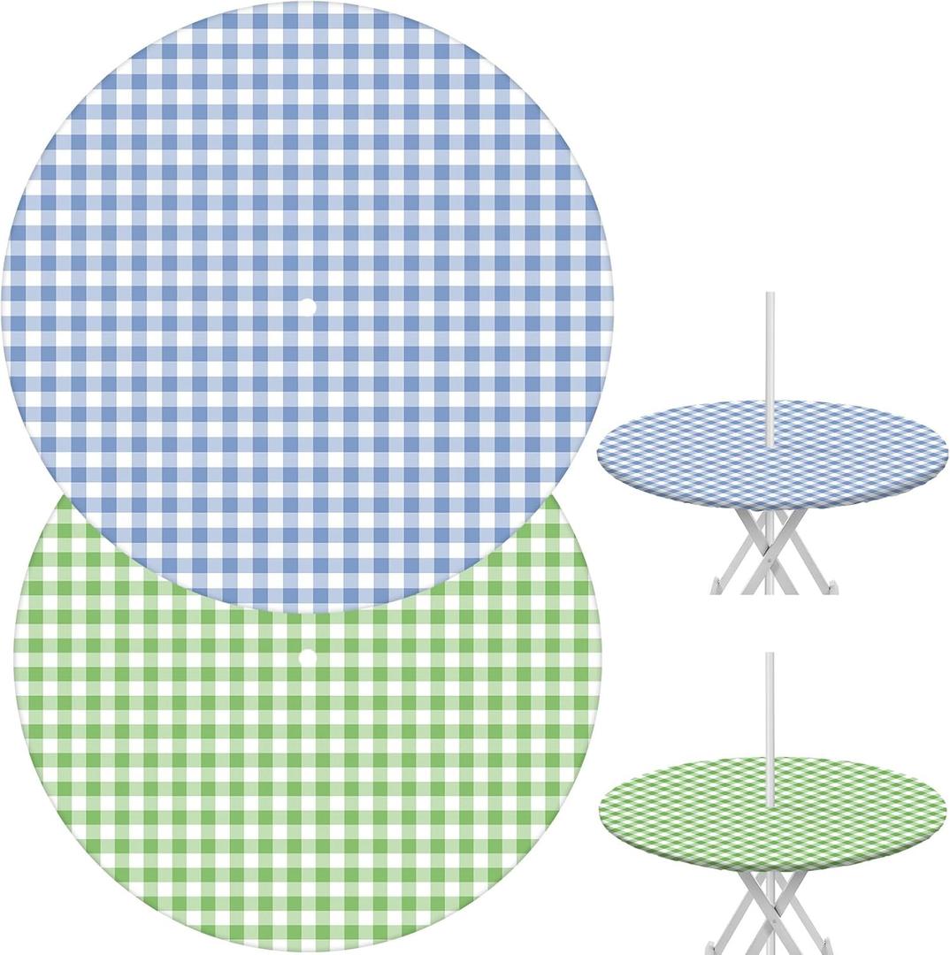 DoubleFill 2 Pcs Round Outdoor Tablecloth with Umbrella Hole - Anti-Wrinkle Polyester Tablecloth with Elastic Zipper Table Cover for Summer Patio Camping Party(45''-53'',Plaid)