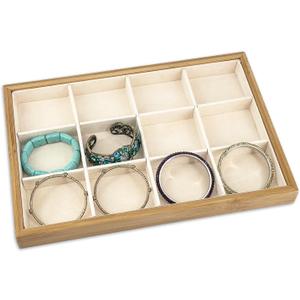 The Display Guys - Stackable Jewelry Tray and Organizer - for Drawers, Dressers, Store Display (12 Compartments, Bamboo Suede)
