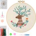 Beginner Deer Embroidery Kit for Adults, Pre-Printed with Video Tutorial | Complete Kit with Hoop, Threads, Needles, Scissors and Instructions, Simple Floral Needlework Project and Gift for Women