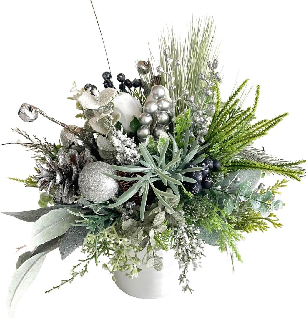 Exquisite Flower World Silver Winter Centerpiece, Glistening Festive Chrome Arrangement. Sparkling and Elegant. For Christmas Table Decoration, Holiday Party Display, Seasonal Home Accent. Table decor