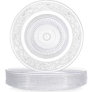 10 Pcs 13.8 Inch Acrylic Crystal Dinner Plates, Clear Round Plastic Serving Platter Trays Vintage Dragon and Phoenix Embossed Dinnerware for Serving Food Salad Pasta Fruit Home Party Wedding