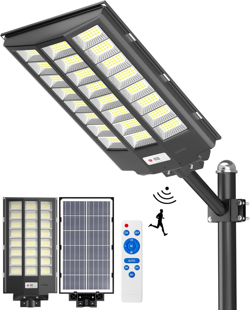 Gefolly SL-8600W Solar Street Light Outdoor, Wide Angle 680000LM Commercial Parking Lot Light Dusk to Dawn 6500K Flood Security IP67 with Motion Sensor Lamp for Yard, Basketball Court