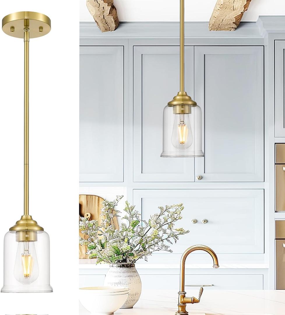 zeyu Gold Pendant Light, Mid Century Chandelier, 1-Light Hanging Fixture for Dinning Room Bedroom, Clear Glass Shade, Brushed Gold Finish, ZSL104MIL BG