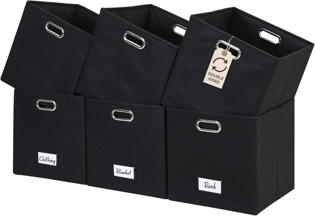 DECOMOMO Black Storage Bins, 13 inch Cube Storage Bins with Labels, Felt Baskets (Cube 13" / 6pcs, Black)