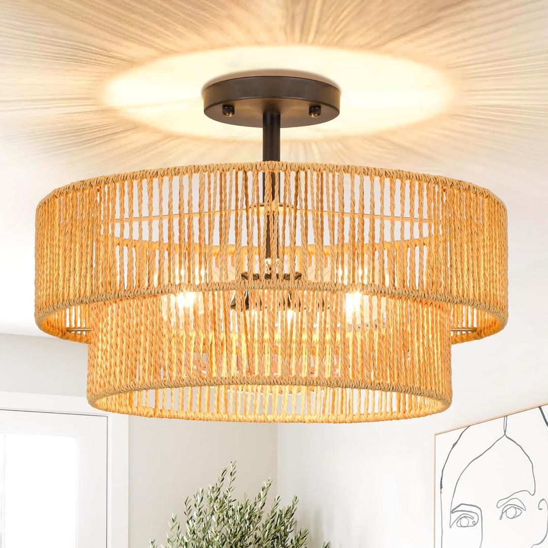 Rattan Ceiling Light Fixture Boho Flush Mount Ceiling Light Wicker Boho Light Fixtures Ceiling Mount for Hallway Bedroom Entryway Kitchen (15.8inch, Straight tube)