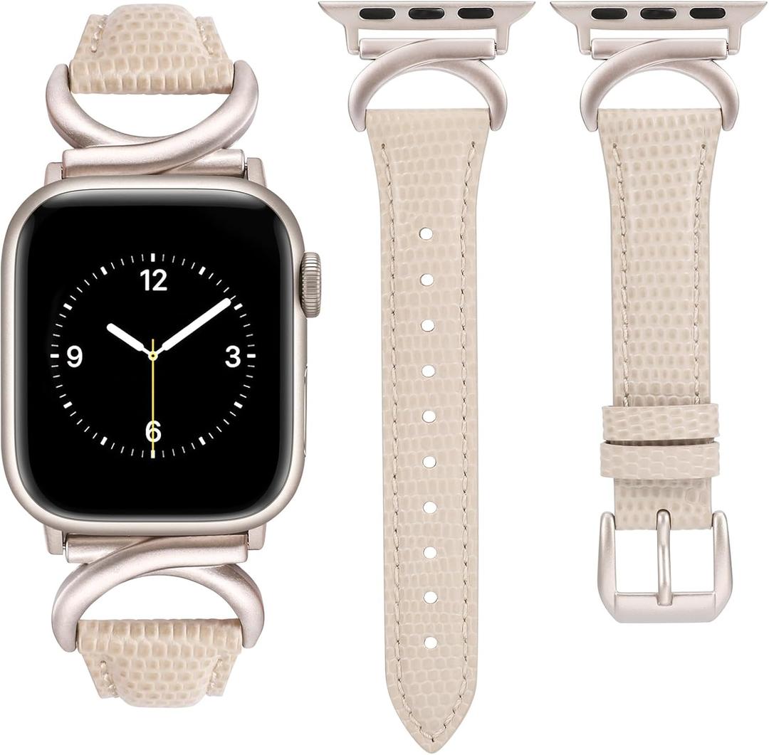 Minyee Leather Bands Compatible with Apple Watch Band 38/40/41/42/44/45/46/49mm Women, Slim Thin Dressy Designer Strap with C-Shape Metal Buckle for iWatch Series 11 10 9 8 7 6 5 4 SE/Ultra 3 2 1