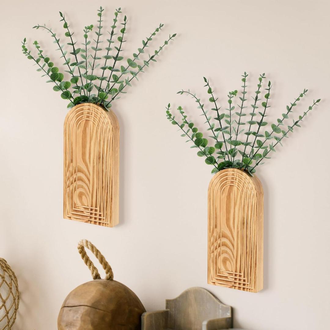 2 Pack 15" Wooden Wall Vase with 20 Pcs Artificial Eucalyptus Leaves Stems Planter, Boho Modern Farmhouse Bathroom Hanging Planter for Wedding, Hallway, Bedroom, Living Room