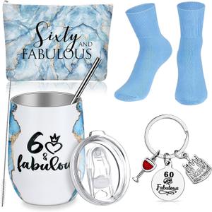 4 Pcs 60 and Fabulous Tumbler 60th Birthday Gifts for Women Inspirational 12oz Marble Stainless Steel Insulated Tumbler Sixty and Fabulous Makeup Bag Wine Sign Keychain Socks, 60th