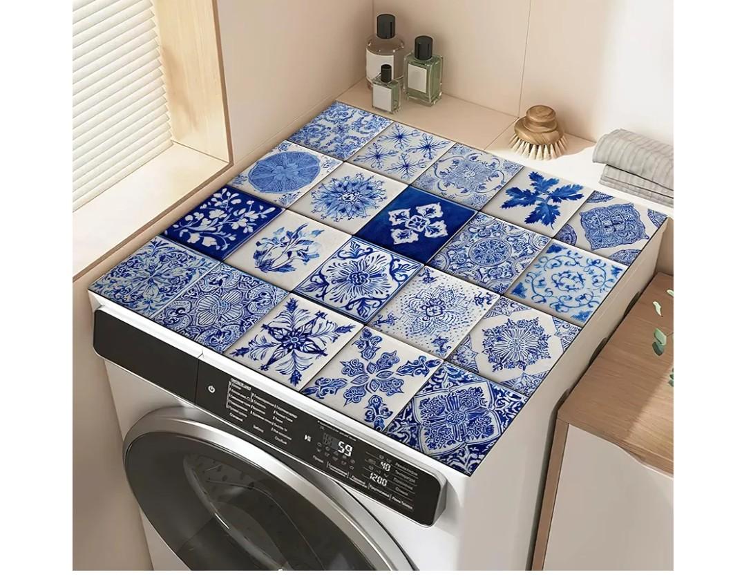 Blue Mexican Tile Washer and Dryer Top Protector Mat, Non Slip Washing Machine Cover, Thickened & Dust Proof & Quick Drying Cover for Home Laundry Kitchen