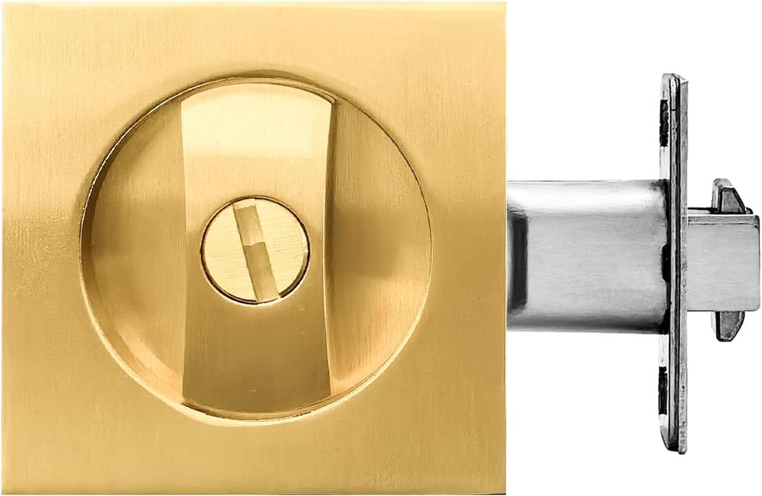 Pocket Door Lock, Privacy Door Hardware Suitable for Bathroom Bedroom etc Recessed 2 Sided, 2 3/ 8" Backset, Invisible Hardware for 1 3/ 8” to 2 3/ 16” Thickness Door (Gold-Privacy)