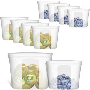 Reusable Sandwich & Snack Bags, 8 Pack 100% Silicone Stand Up Zip Lock Food Storage Bags for Food Container, Freezer Microwave Oven Dishwasher Safe, 4 Small 4 Extra Small, Translucent