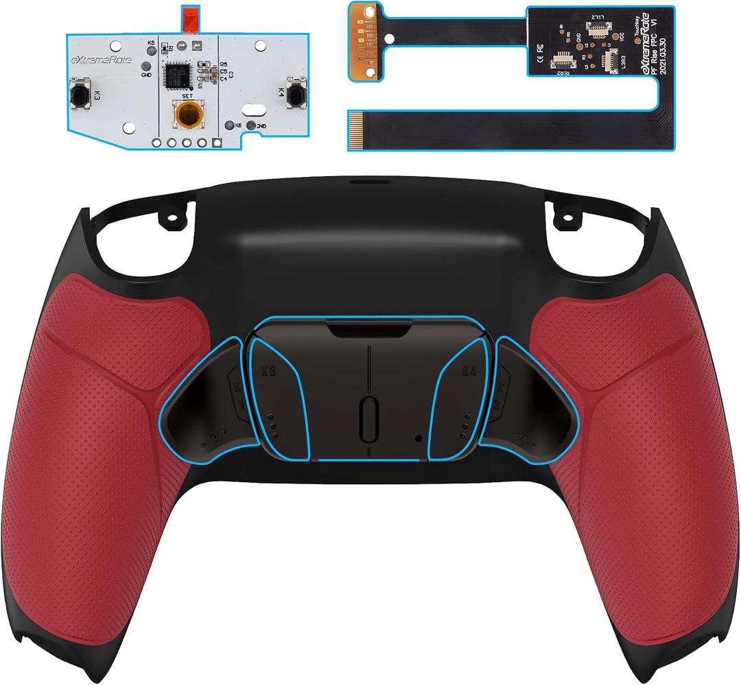 eXtremeRate Black Real Metal Buttons (RMB) Version RISE4 Remap Kit for PS5 Controller BDM-010 020 w/Red Rubberized Grip Black Redesigned Back Shell, Upgrade Board & 4 Back Buttons for PS5 Controller