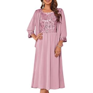 GRACE KARIN Wedding Guest Dress,Mother of The Bride Dresses,Two Piece Formal Sequin Dress with Jacket Tea Length 2026 (Medium, Gray Pink)