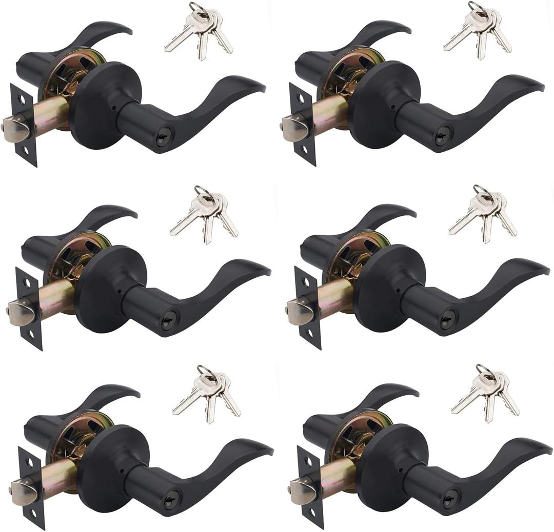 6 Pack of HENYIN Wave Lever Keyed Entry Door Lock/Door Knob Hardware Handle and Closet Lockset, Black Color, with Key,Right Hand(805B-R-6)