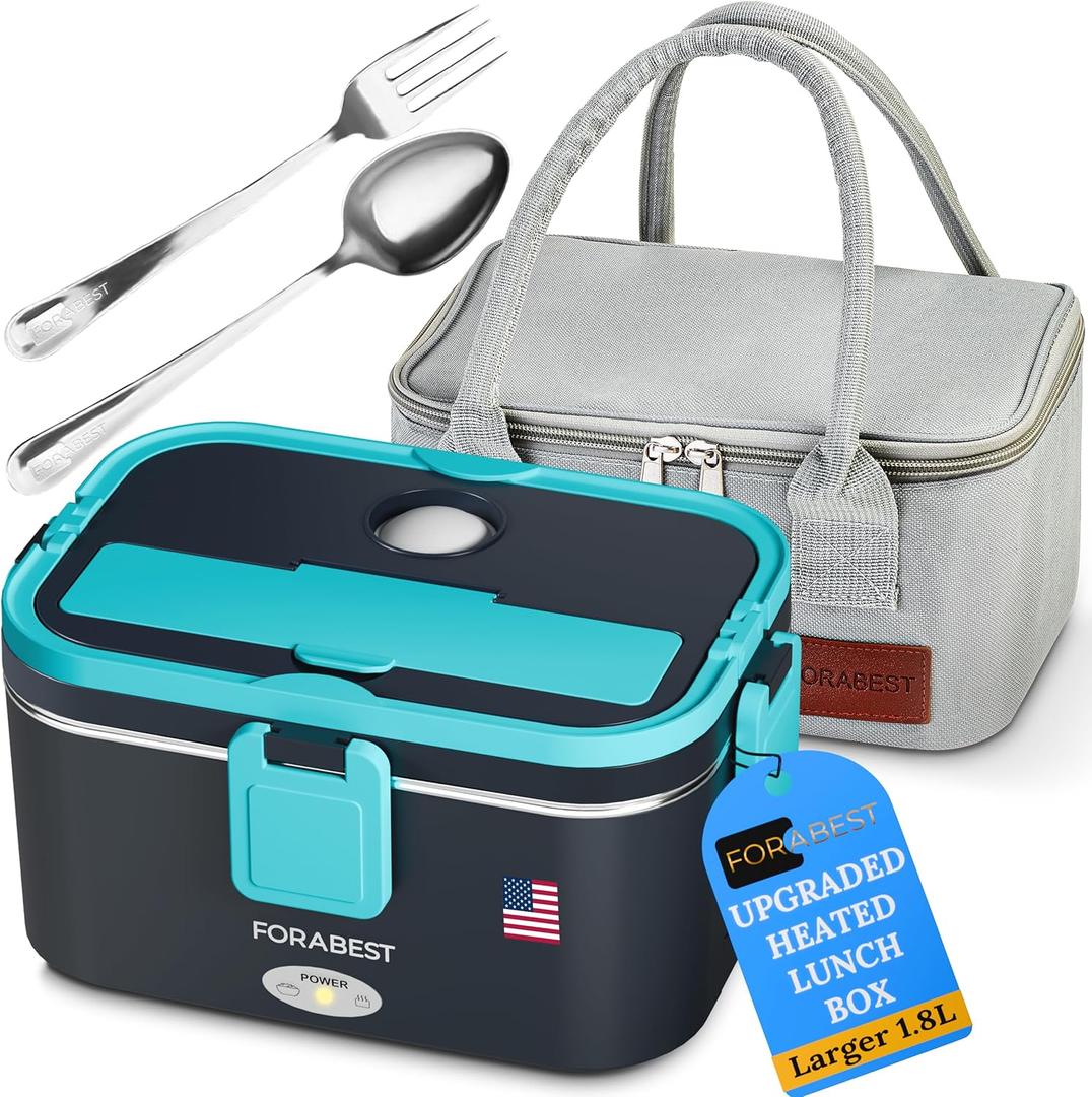 1.8L Heated Lunch Box  XL Electric Lunch Box for Adults, 80W Portable Food Warmer for Car, Truck (12V/24V) & Home (110V/220V)  Full-Size Utensils, Premium Bag, Larger Capacity (Neon Blue)