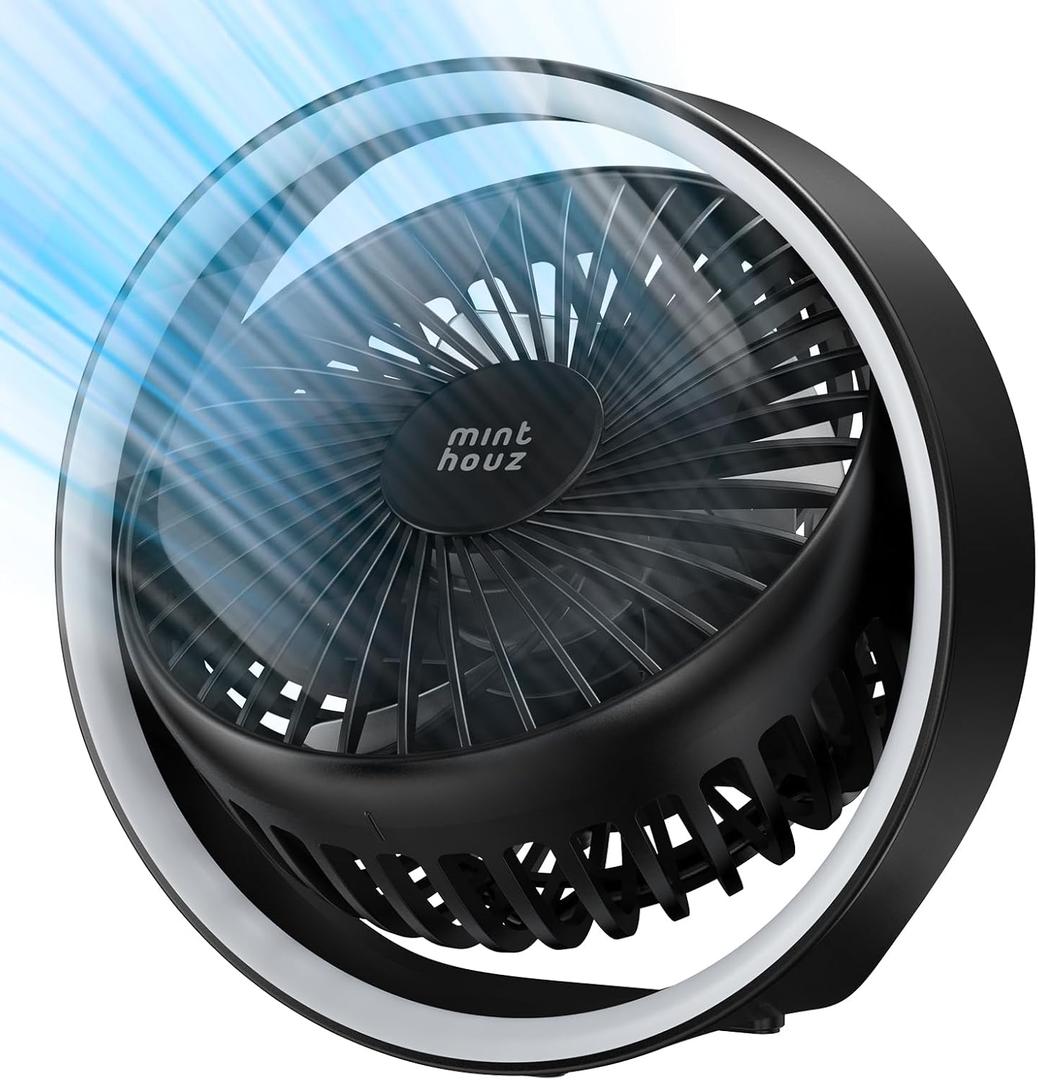 Minthouz Portable Desk Fan 180 Rotation USB Rechargeable Battery Operated Silent Hanging Hook 1800mAh 3 Speed 3 Light Mini Fan for Home Office Outdoor Black