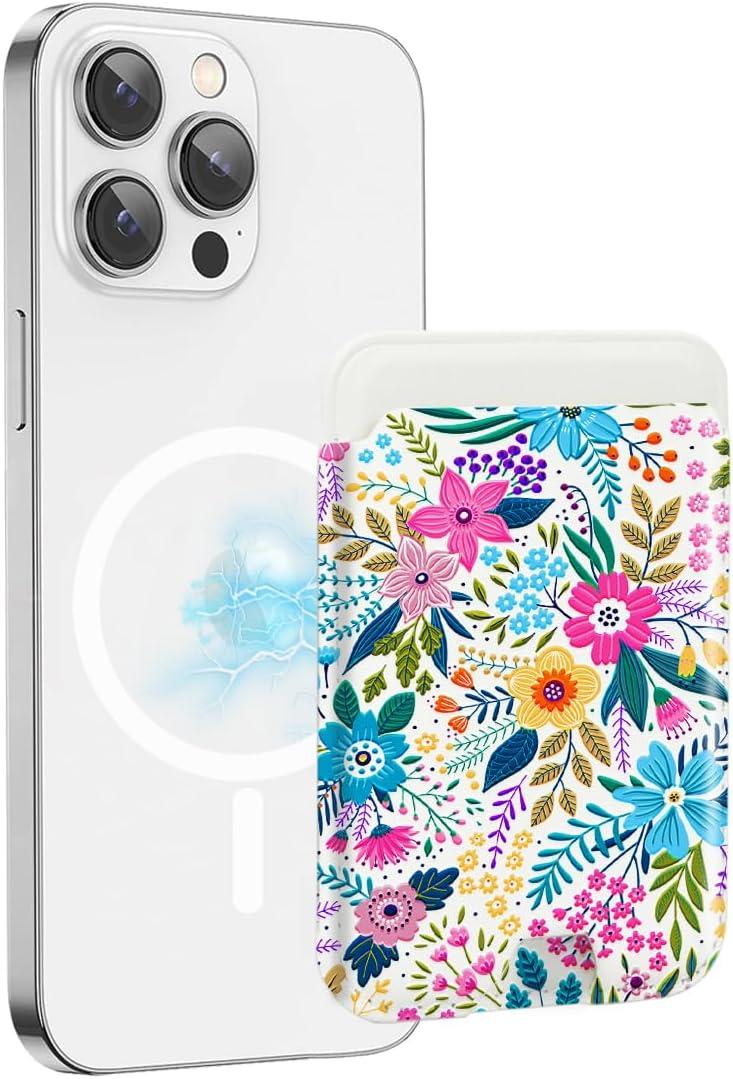 for Magsafe Wallet, Magnetic Wallet Card Holder for iPhone 17/Air/16/16e/15/14/13/12 Pro/Max/Plus/Mini Case, Strong Magnet Phone Pocket Cute Design Credit Card Fit 3 Cards, Flowers