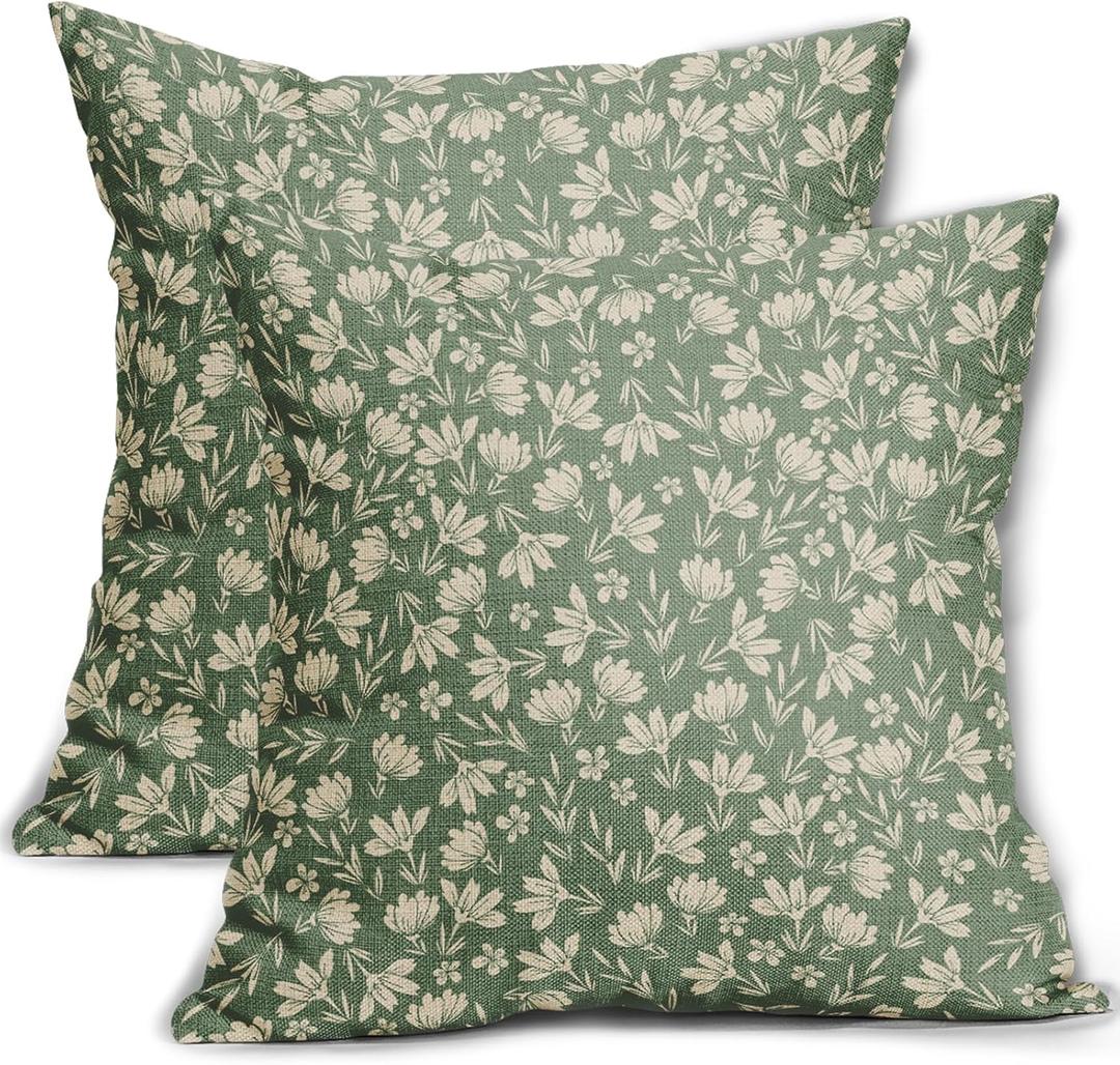 Spring Sage Green Pillow Covers 18x18 Set of 2 Vintage Floral Rustic Old Style Cute Flower French Print Decorative Outdoor Pillowcases Seasonal Farmhouse Throw Cushion Case Decor for Couch Sofa Bed