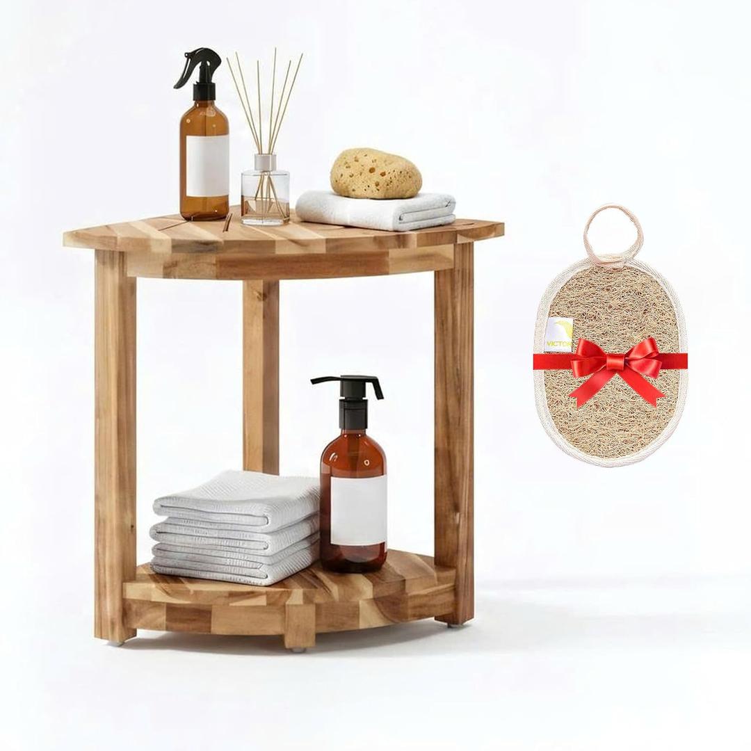 VICTORY RELAX Acacia Wood Corner Shower Shelf for Inside Shower Waterproof Shower Bench & Foot Rest for Shaving Legs, Small Bathroom Spa Seat, Light Natural Color (17.9")