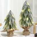 Soulchen 2 Pcs 11.8" 15.7" Pre-lit Christmas Pine Tree Tabletop Artificial Cedar Table Decorations Mini Christmas Tree Tabletop with Warm LED Light Wooden Base Xmas Snow Flocked for Indoor Party Favor