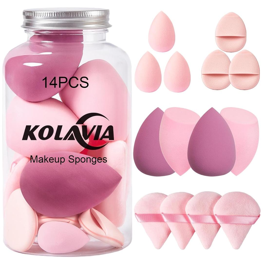 14PCS Makeup Sponge Set, Beauty Blender Sponge for Foundation Blending with 3PCS Mini Makeup Sponges & 4PCS Triangle Powder Puff, Soft Make Up Sponges for Face Cosmetic Applicator for Powder Liquid (Pink)