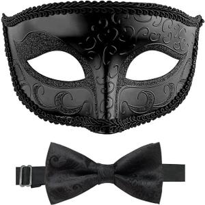 HyperFun Masquerade Mask for Men with Bow Tie Venetian Mens Masquerade Mask for Halloween Mardi Gras Prom Ball Party