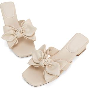 Womens Bow Dressy Low Heel Sandals Slides Summer Chunky Block Heeled Open Toe Mules Slip on Slippers Shoes (8, Beige) Womens Bow Dressy Low Heel Sandals Slides Summer Chunky Block Heeled Open Toe Mules Slip on Slippers Shoes (8, Beige)