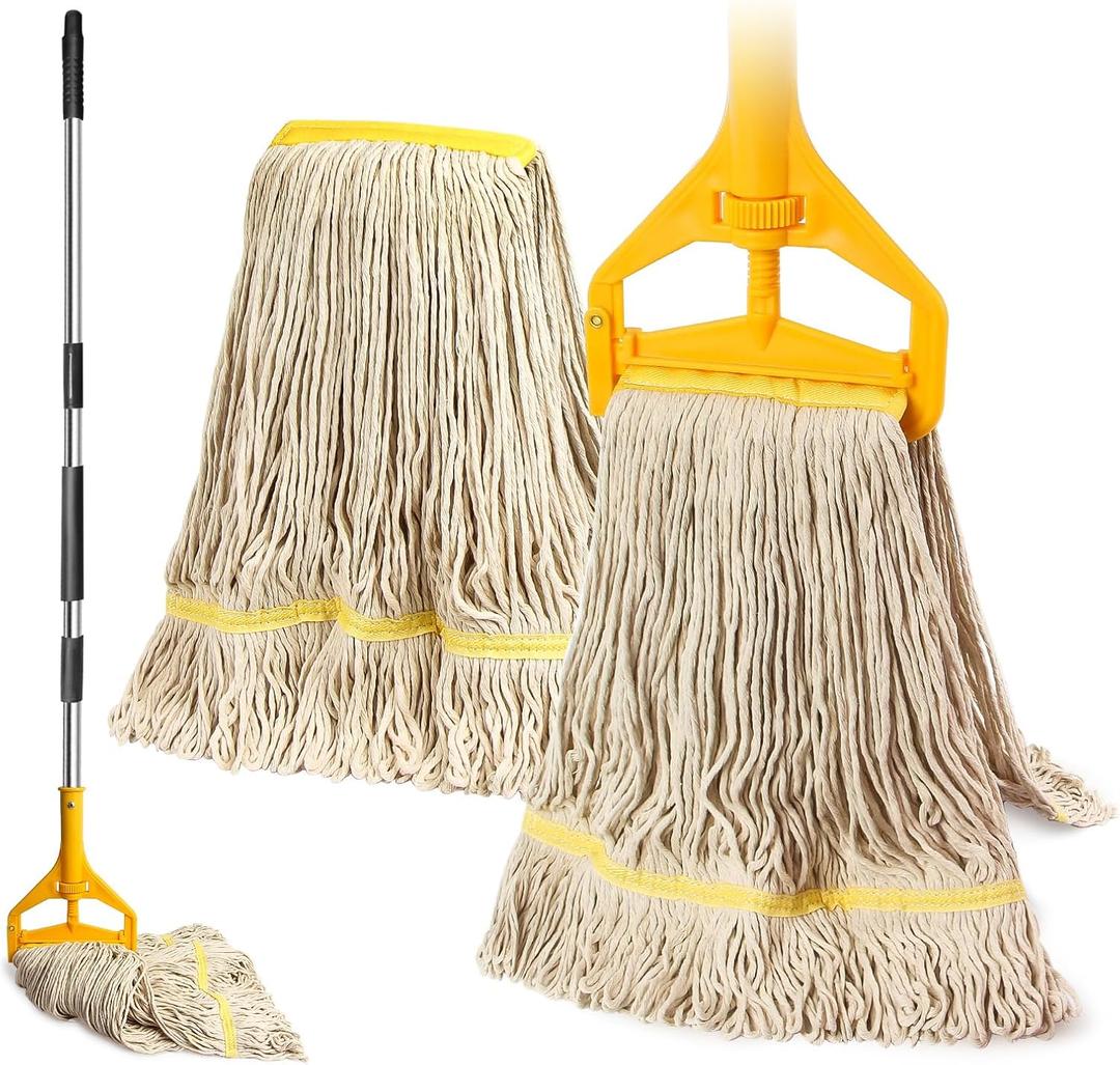 2 Pack 20ozCommercial Mop Heavy Duty Industril Cotton Mop, Cotton Commerical Industrial Grade Mop Replacements Heads for Home,mops for Floor Cleaning Heavy Duty,with 63'' Stainless Steel Mop Handle