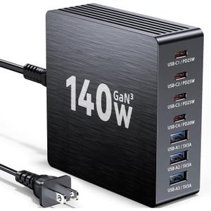 USB C Charging Station, 140W GaN III 7 Port Fast Charger Station, PD 3.0 USB Charging Station for Multiple Devices, Multiple USB C Charger Station for iPad iPhone Samsung Android (Pack of 1, Black)