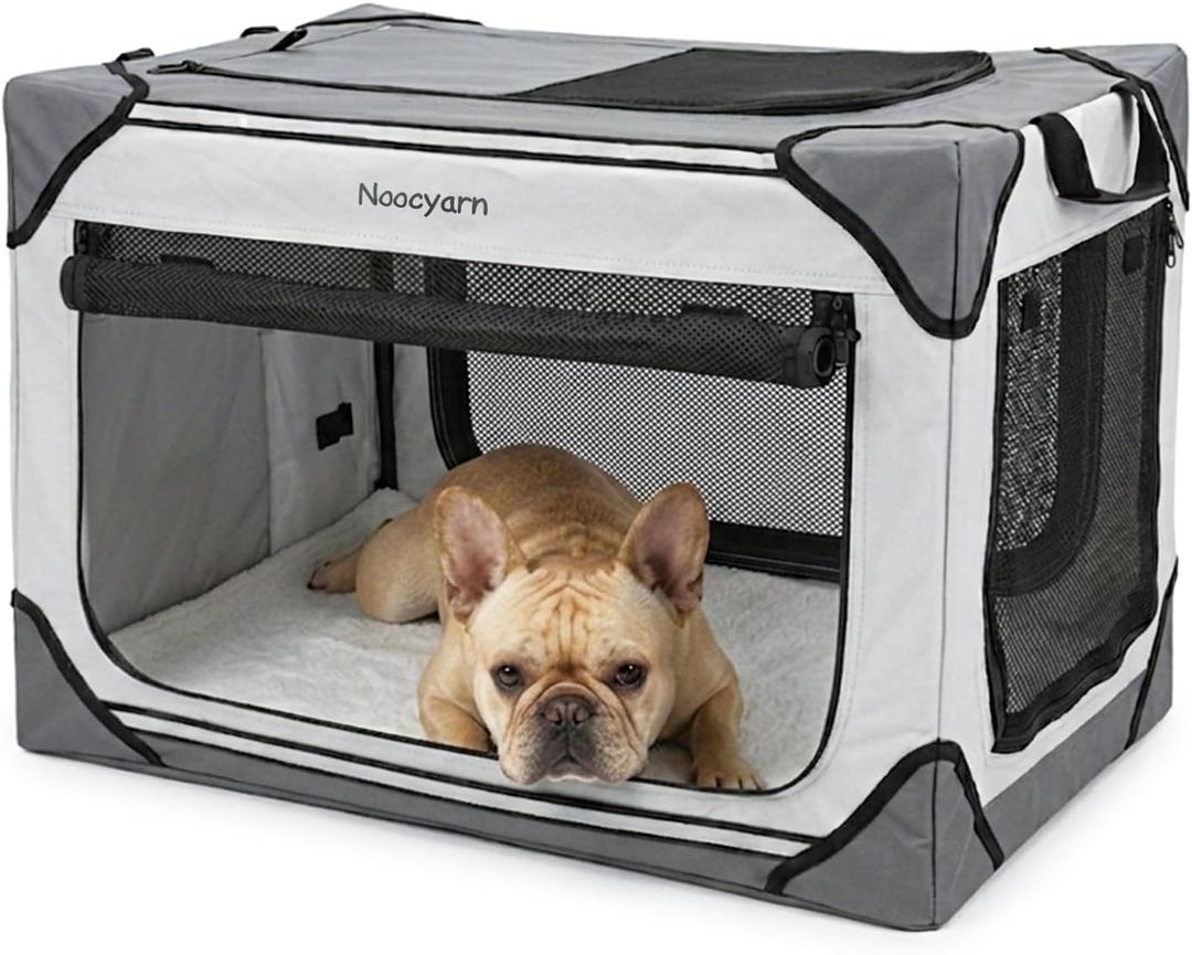 Collapsible Soft Dog Crate 26 Inch, Portable Travel Pet Crate for Small Dogs and Cats with 4-Door Mesh, Puppy Dog Kennel Carrier Indoor & Outdoor, Light Grey