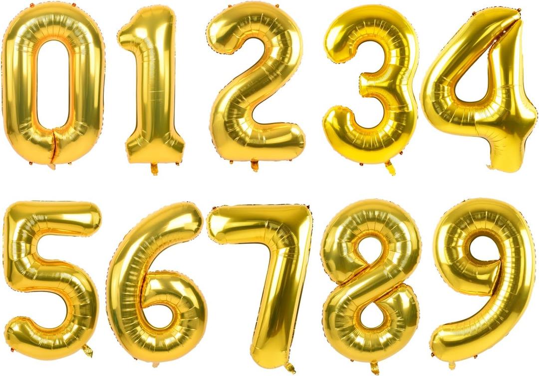 TONIFUL Number Balloons 16 Inch Gold 0-9 Number Mylar Foil Balloons 10 Pcs Gold Custom Digital Balloons for Birthday Party Engagement Graduations Anniversary Baby Shower Decorations Party Supplies