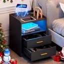 dnbss Black LED Nightstand with Charging Station, Modern Night Stands with 24-Color RGB LED Lights, Smart Lighted Black Bedside Table with 2 Drawers for Bedroom (Black-3 Layers)