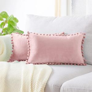 Top Finel Blush Pink Lumbar Pillow Covers 12x20 Set of 2, Decorative Throw Pillow Covers for Couch Bed Sofa Soft Velvet Pillow Cases with Tassels for Girl's Room Cute Aesthetic Home Decor