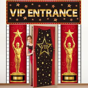 WovWeave 4 Pcs VIP Entrance Party Door Decoration Set Red Carpet Awards Night Door Covers Movie Theme Backdrop for Movie Theme Event Prom Photography Entrance Photo Background Decoration