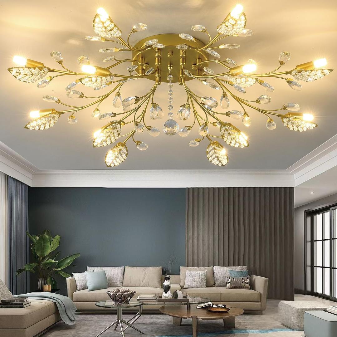 12-light Crystal Flush Mount Ceiling Light,32.3 Inch Gold Leaf Chandeliers
Crystal Semi Flush Mount Fixture,Vintage Branch Chandeliers G9 Bulbs for Dining Room,Living Room,Bedroom,Hallway,Entryway