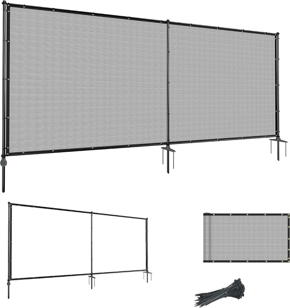 6'Hx12'W Outdoor Freestanding Privacy Screen Fence Panels with Iron Poles, Mesh Shade Net Cover Temporary Fencing for Patio Backyard Garden Deck, Light Gray