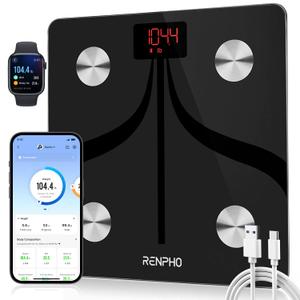 RENPHO Smart Scale for Body Weight, Type-C Rechargeable Digital Bathroom Scale, Electronic 13 Body Composition Monitor with Smartphone App, 400 lbs, Black, Elis 1 (11 inch)