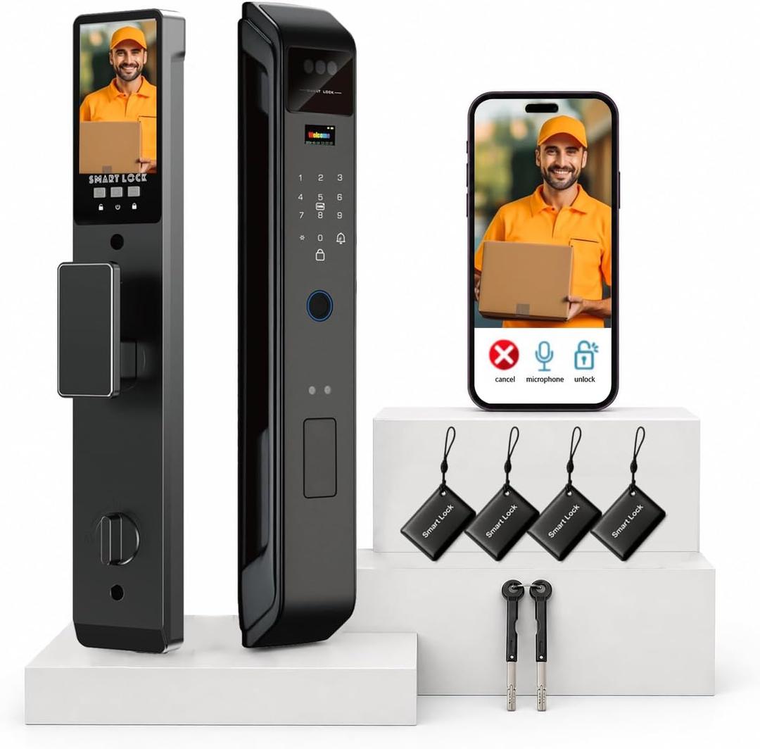 Smart Door Lock with 3D Face Recognition & Biometric Palm Vein: 8-in-1 Keyless Entry Door Lock with Camera & Video Doorbell, Alexa Compatible via Tuya App, Electronic Front Door Lock for Home Security