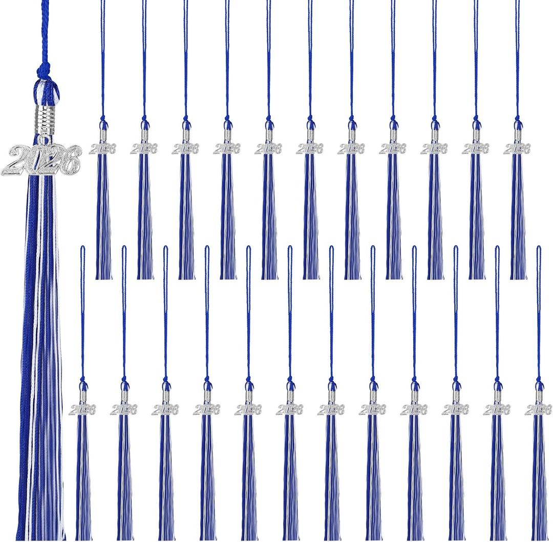 24 Pieces 2026 Graduation Tassel, Graduation Cap Tassels Decoration with 2026 Year Gold Date Charms, Grad Gifts for 2026 Year Grad Ceremonies Souvenir, Blue White