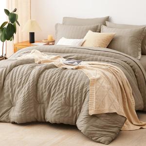 CozyLux Queen Comforter Set Taupe Seersucker 7 Pieces Bed in a Bag Queen Comforter Set with Sheets, Luxury Soft Bedding Set with Down Alternative Comforter, Sheets, Pillowcases & Shams for All Seasons