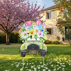 Frienda Spring Outdoor Decorations Multiple Stacked Rustic Flower Truck Decorative Garden Stakes for Spring Decor, Watercolor Truck Metal Yard Signs for Home Outside Garden Lawn Porch