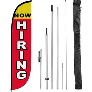 LookOurWay Feather Flag Set, 12 ft Advertising Flag with Poles and Ground Spike for Business Promotion, Now Hiring (10M1200298GSet)
