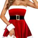 RSLOVE Women Christmas Lingerie Set 3 Piece Sexy Santa Babydoll Red Chemise with Belt and Cuffs, Red, Large