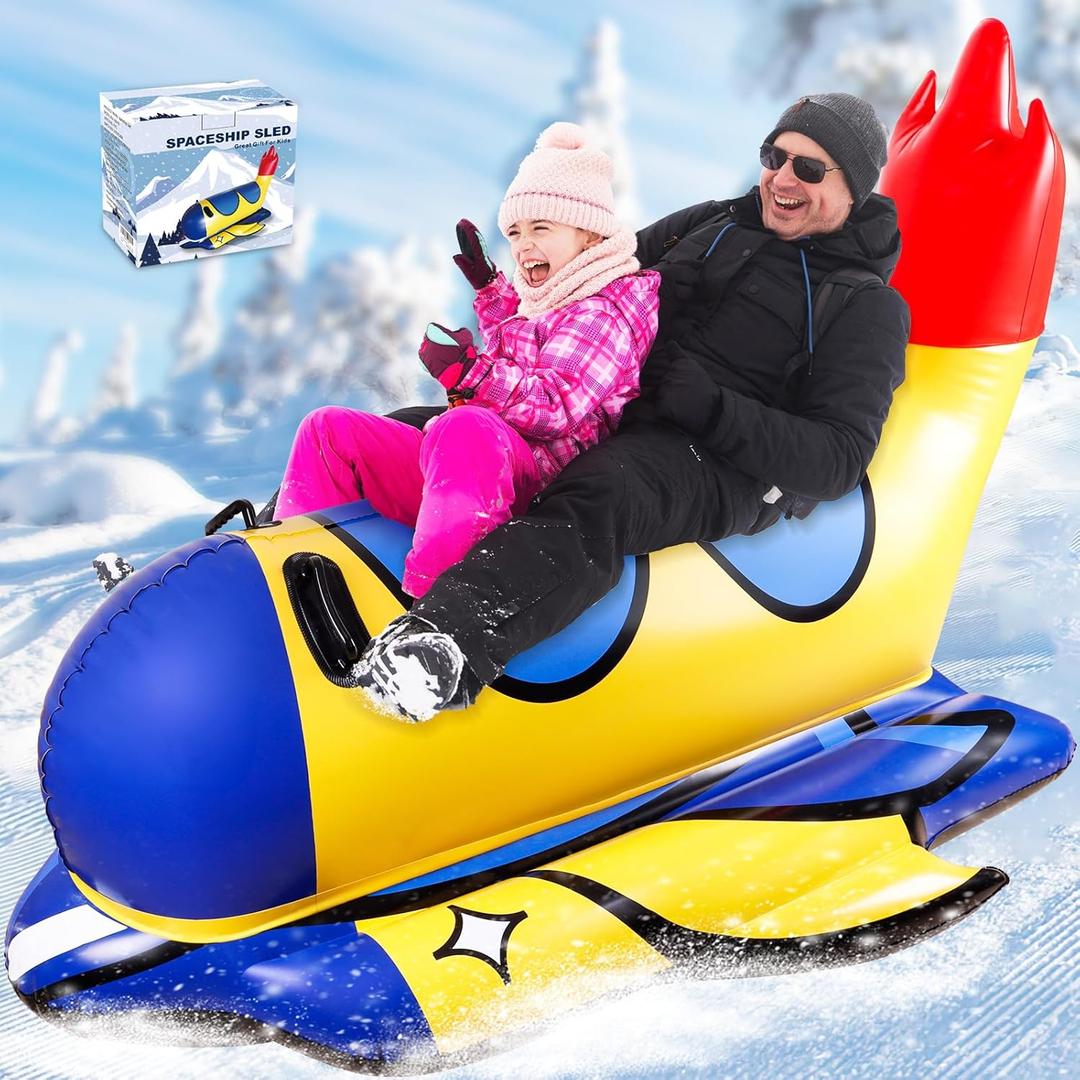 Snow Tube, 64 Inch Super Large Inflatable Spaceship Snow Sled for Kids & Adults, Cold-Resistant and Thickened Heavy Duty Snow Sled with Sturdy Handles, Great Winter Outdoor Fun Toys for Kids and Family
