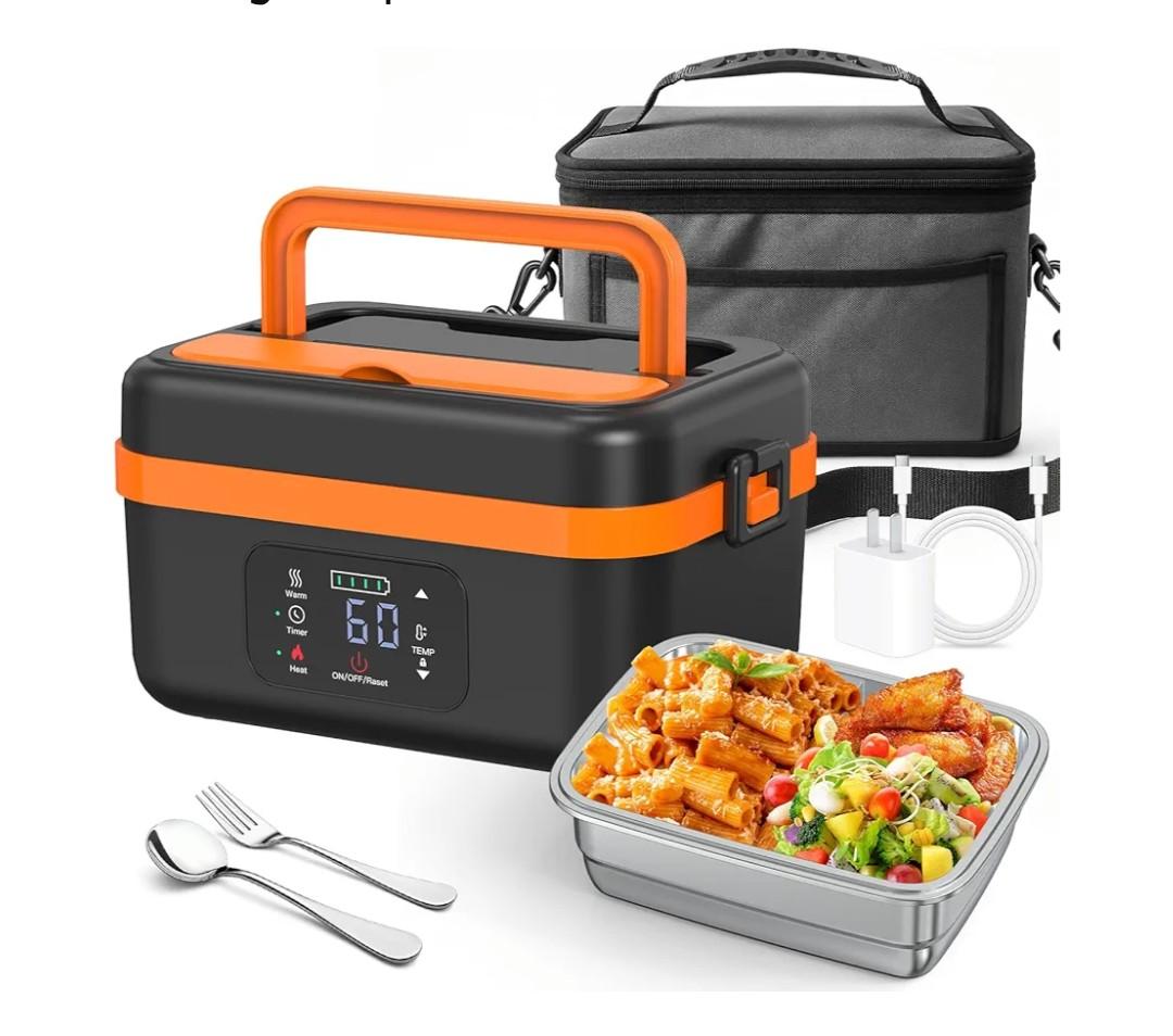 Electric Lunch Box For Adults - Heated Lunch Box For Men Women Insulated & Self Heating, Battery Powered Food Warmers With Containers, Cordless Rechargeable Lunch box For Drivers(Orange)